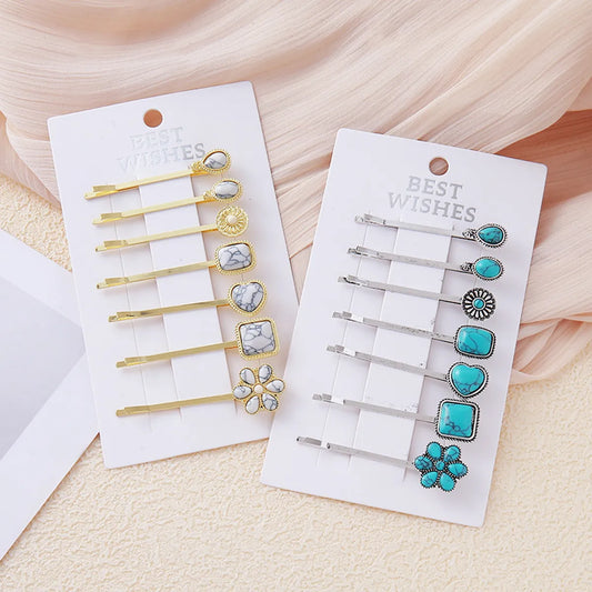 Women'S Retro Oval Flower Zinc Alloy Plating Inlay Turquoise Hair Clip