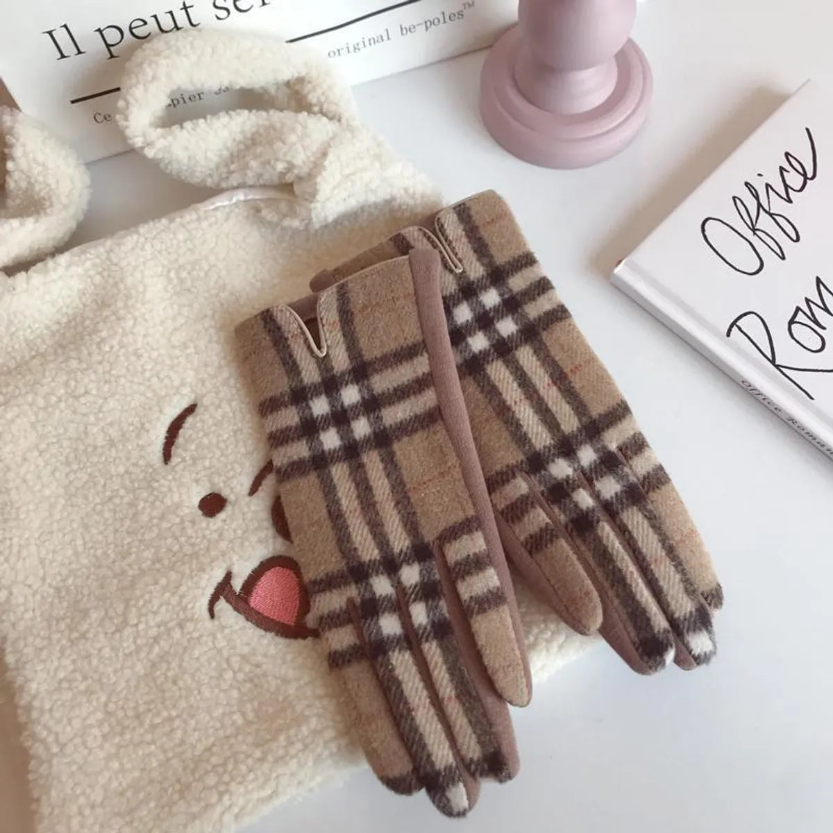 Women'S Retro Plaid Woolen Polyester Gloves