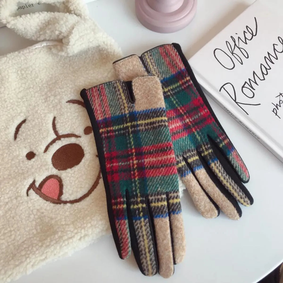 Women'S Retro Plaid Woolen Polyester Gloves