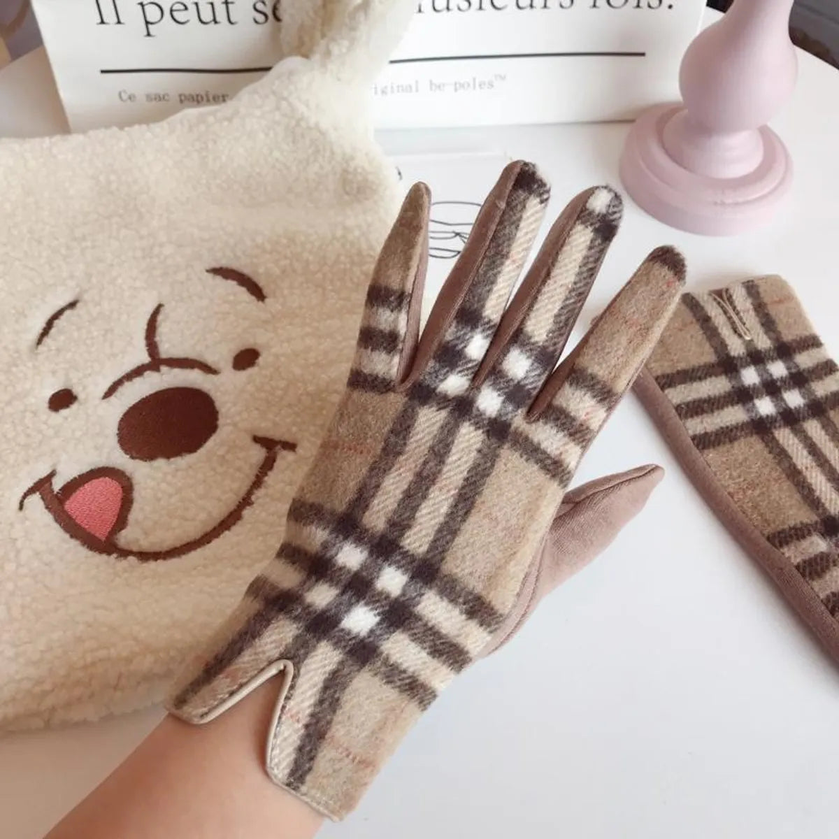 Women'S Retro Plaid Woolen Polyester Gloves