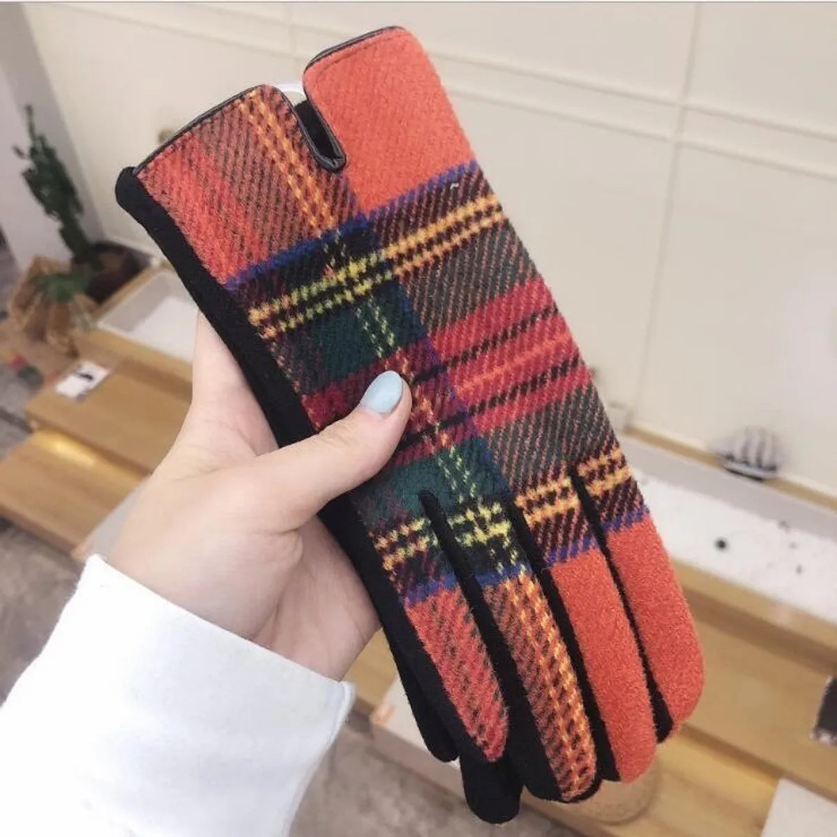 Women'S Retro Plaid Woolen Polyester Gloves