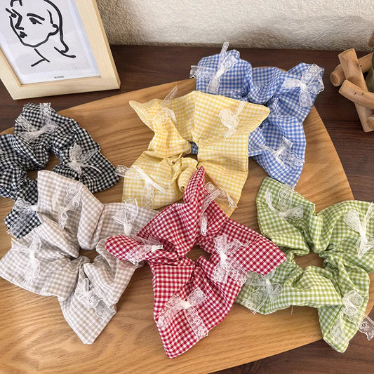 Women'S Romantic Pastoral Lattice Bow Knot Cloth Lace Hair Tie