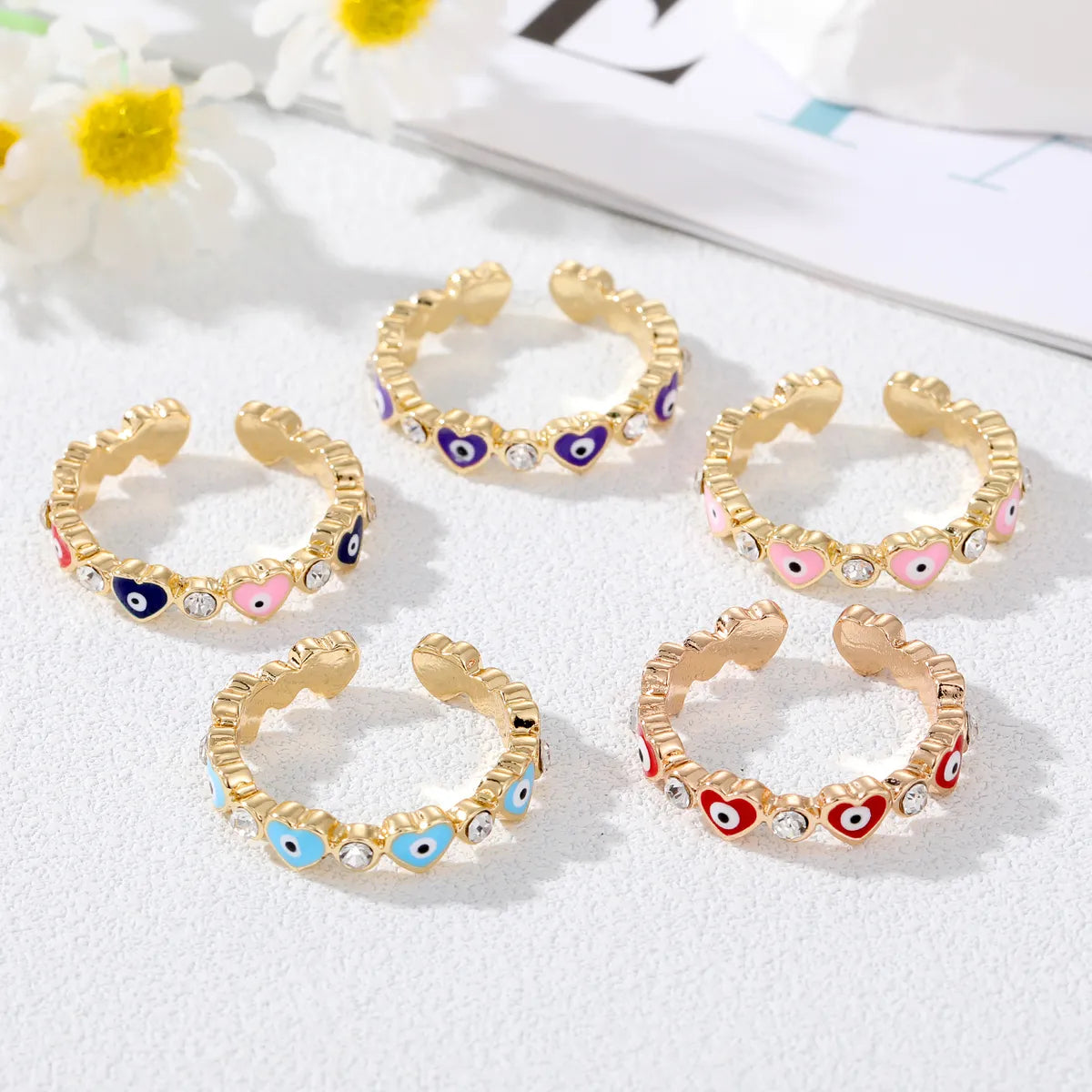 Simple Style Devil's Eye Heart Shape Alloy Plating Rhinestones Women's Rings