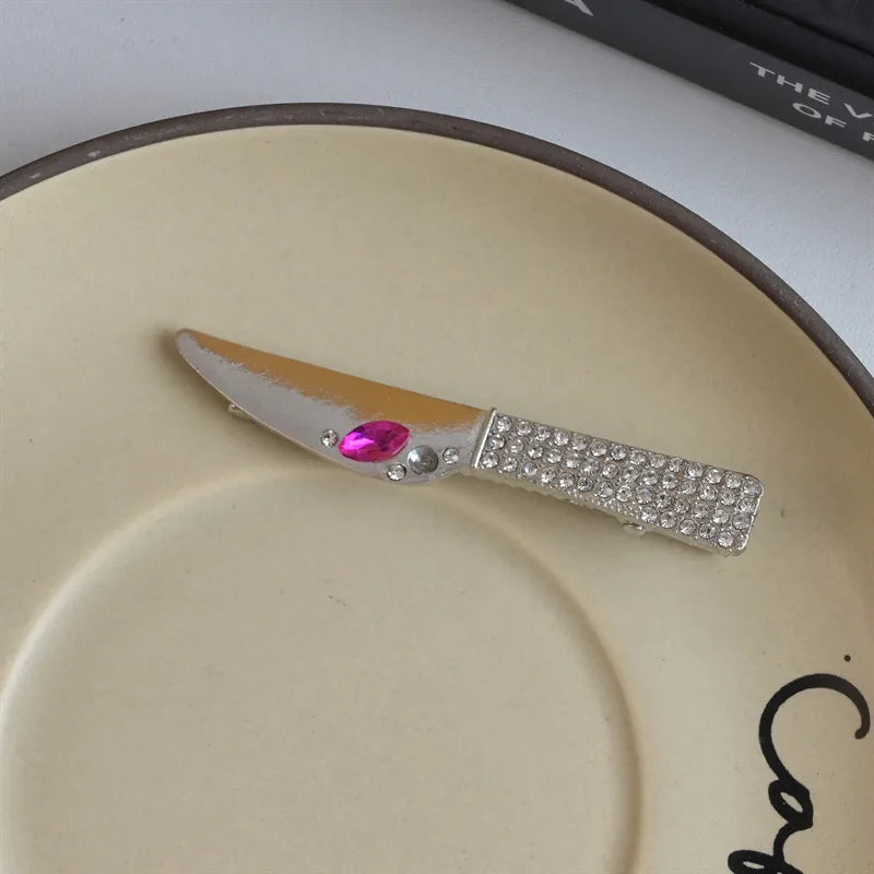 Women'S Simple Style Knife And Fork Metal Inlay Rhinestones Hair Clip