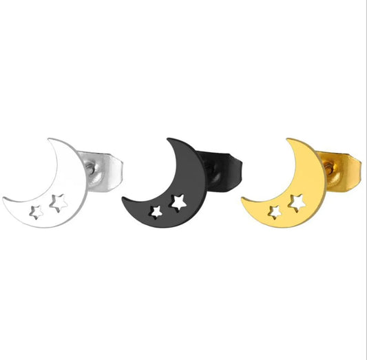 Women's Simple Style Moon Stainless Steel No Inlaid Ear Studs Hollow Out Stainless Steel Earrings