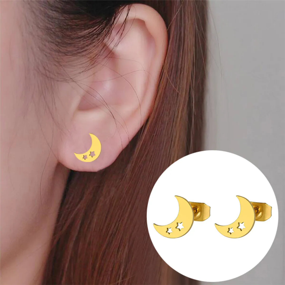 Women's Simple Style Moon Stainless Steel No Inlaid Ear Studs Hollow Out Stainless Steel Earrings