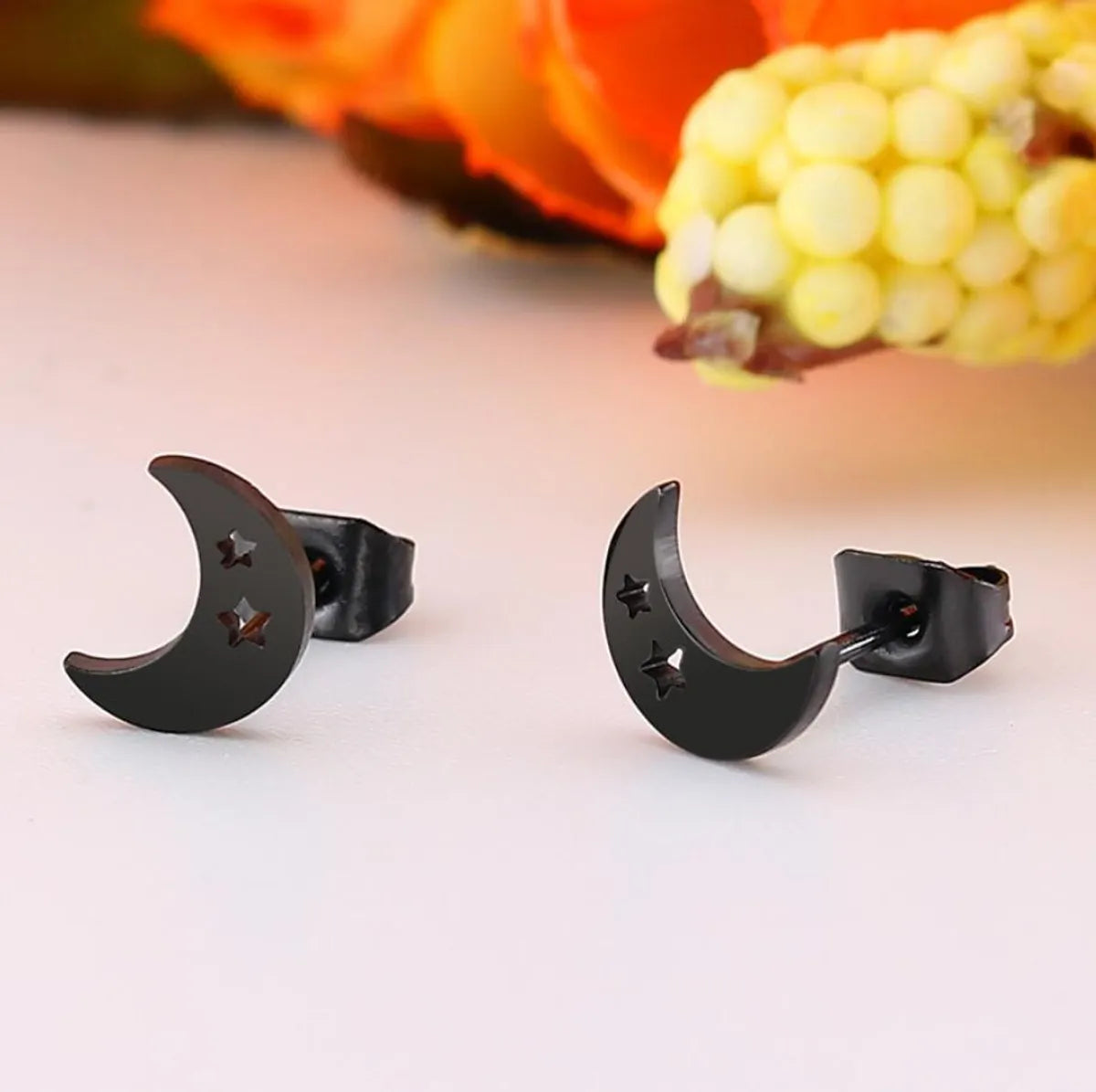 Women's Simple Style Moon Stainless Steel No Inlaid Ear Studs Hollow Out Stainless Steel Earrings