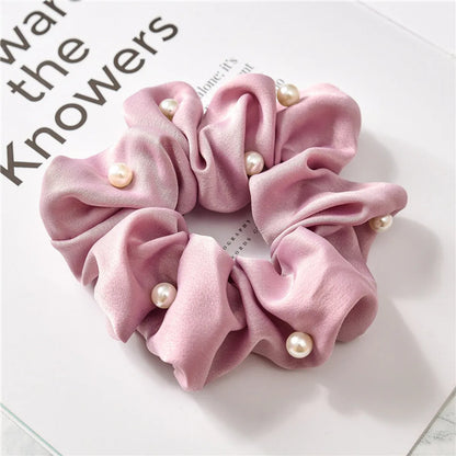 Women'S Simple Style Solid Color Cloth Pearl Hair Tie