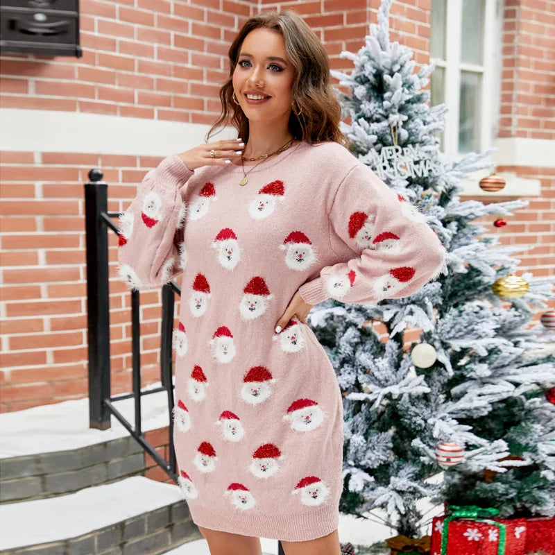 Women'S Sweater Dress Casual Round Neck Long Sleeve Cartoon Santa Claus Above Knee Daily