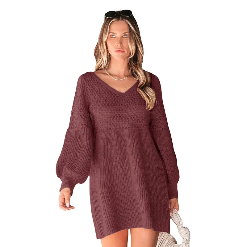 Women'S Sweater Dress Casual V Neck Long Sleeve Solid Color Above Knee Daily