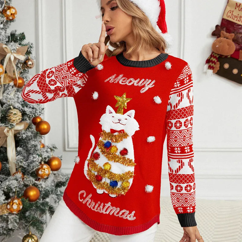 Women'S Sweater Long Sleeve Sweaters & Cardigans Sequins Jacquard Casual Printing Letter Cat