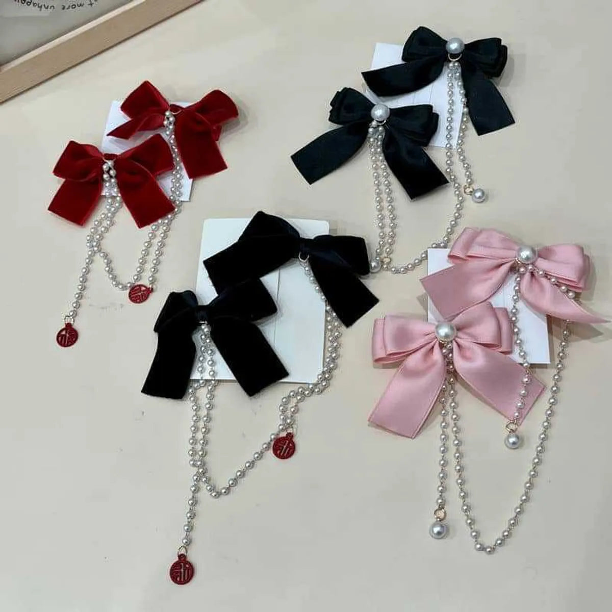 Women'S Sweet Bow Knot Cloth Beaded Hair Clip