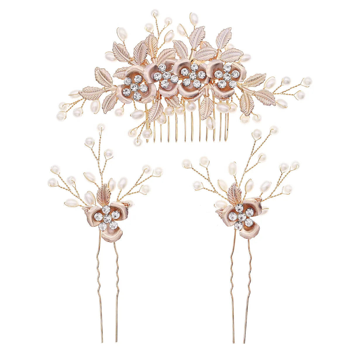 Women'S Sweet Flower Imitation Pearl Rhinestone Metal Handmade Insert Comb