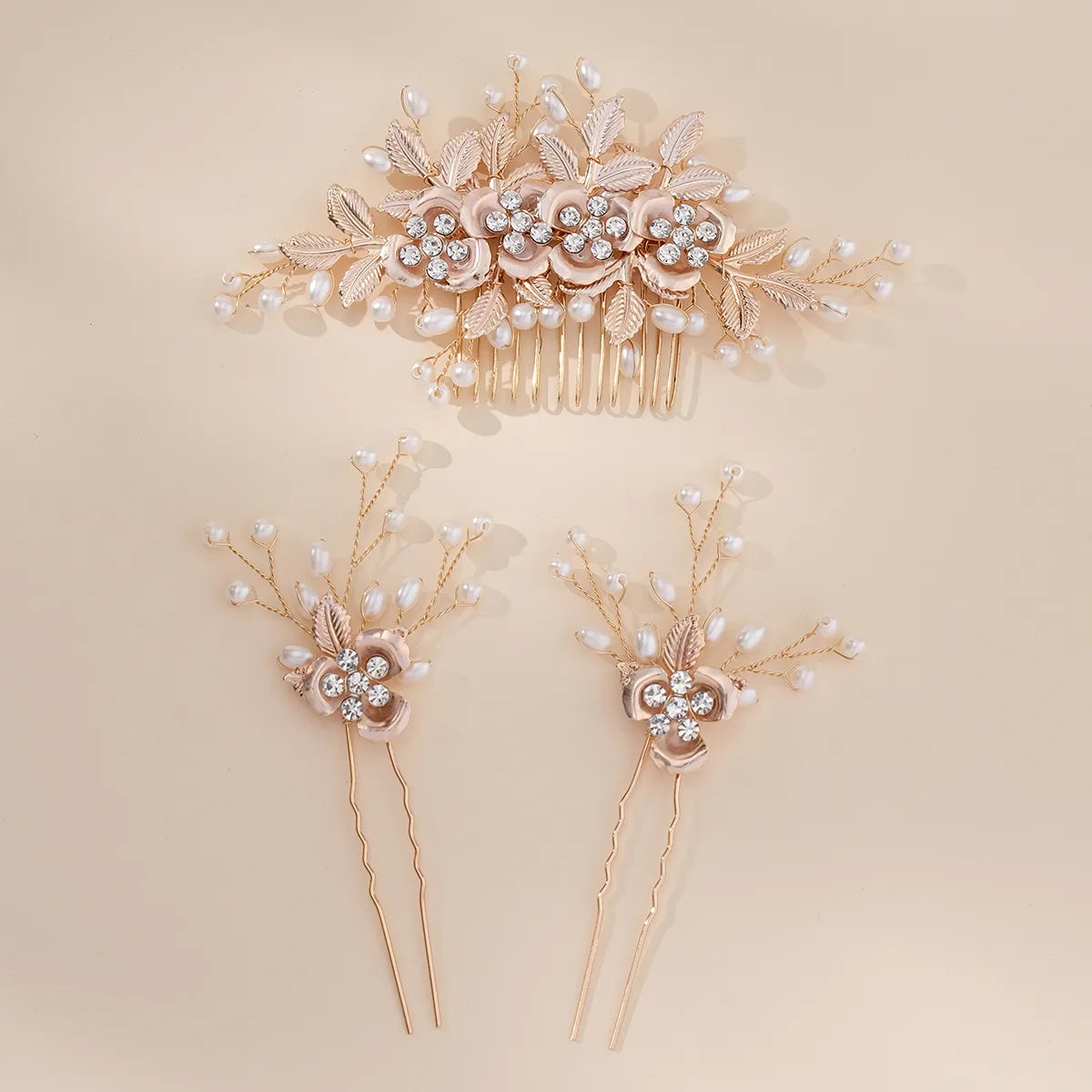 Women'S Sweet Flower Imitation Pearl Rhinestone Metal Handmade Insert Comb