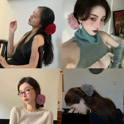 Women'S Sweet Korean Style Rose Flower Cloth Hair Claws