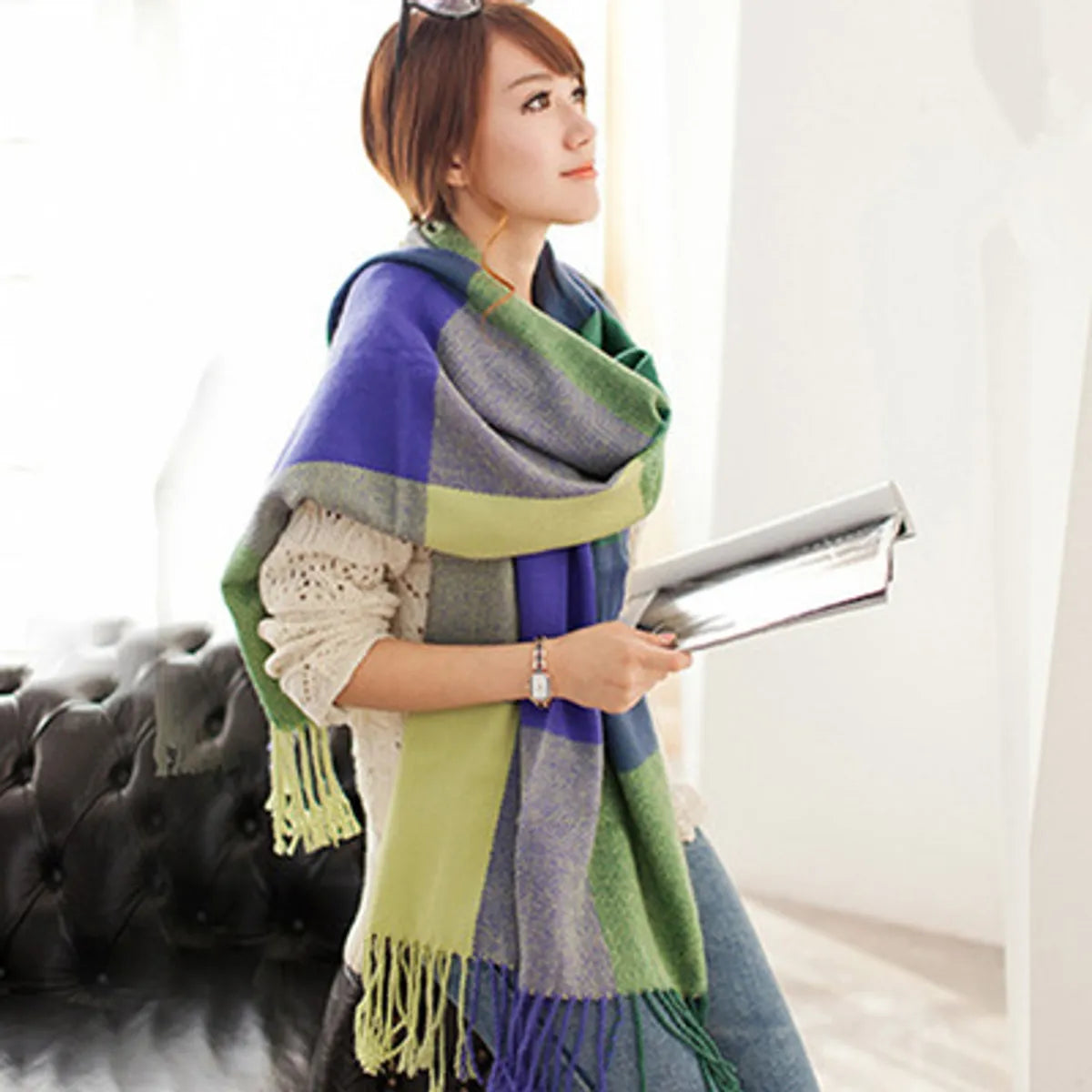 Women'S Sweet Plaid Imitation Cashmere Tassel Winter Scarves