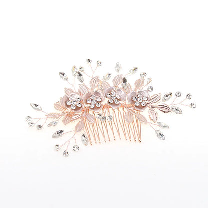 Women'S Sweet Simple Style Shiny Leaf Flower Alloy Inlay Rhinestones Insert Comb