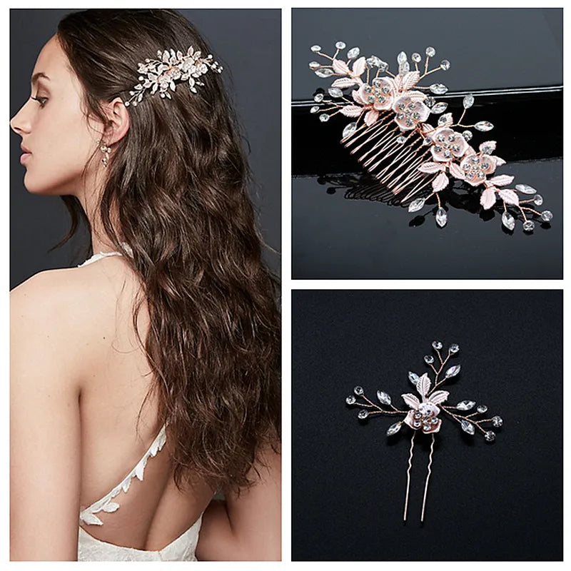 Women'S Sweet Simple Style Shiny Leaf Flower Alloy Inlay Rhinestones Insert Comb