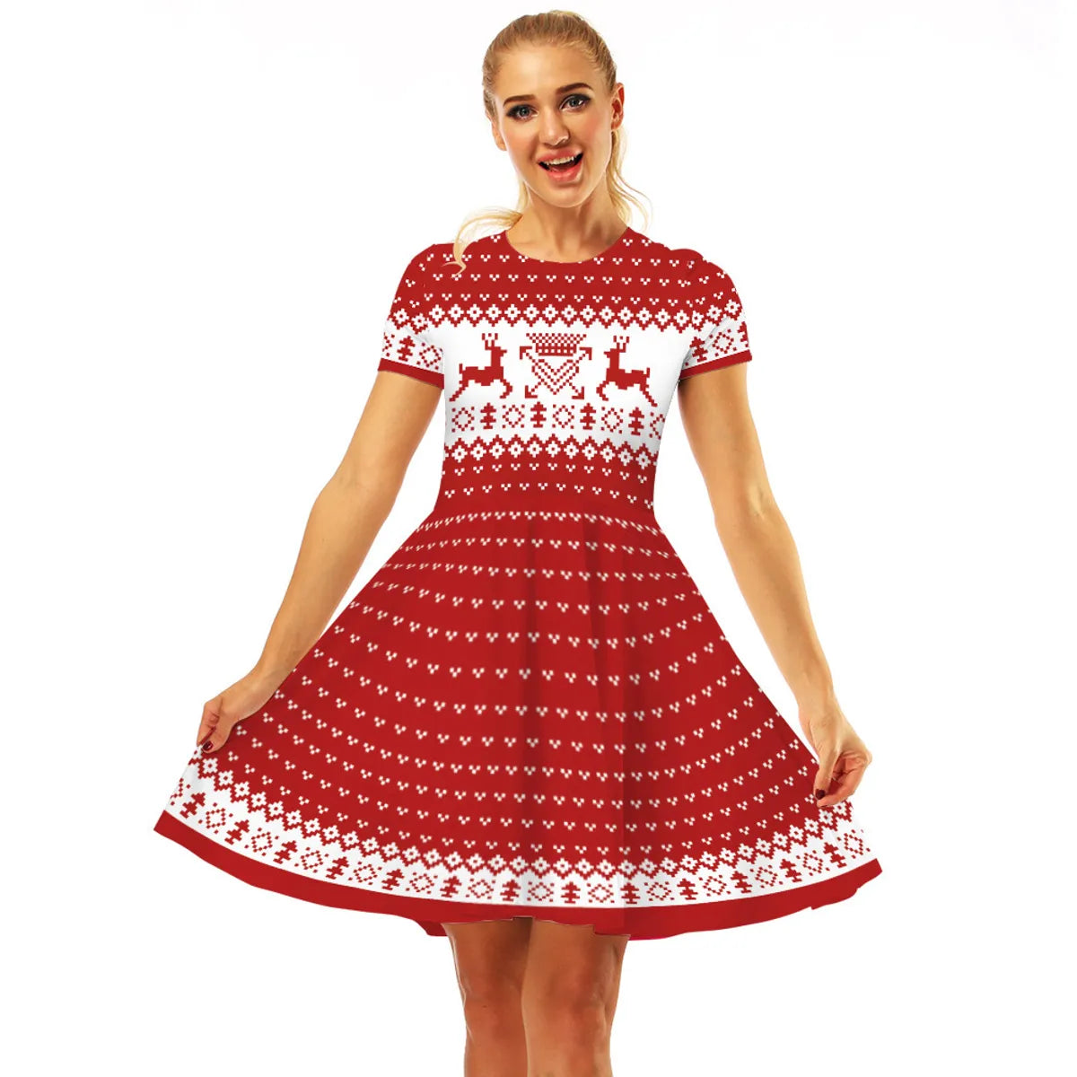 Women'S Swing Dress Christmas Round Neck Printing Short Sleeve Christmas Pattern Above Knee Party Festival