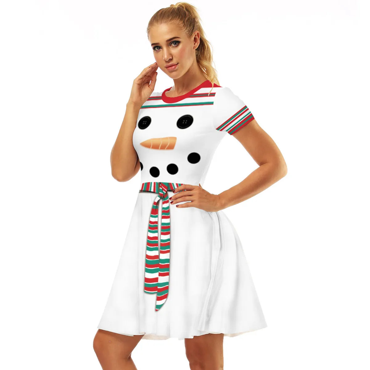 Women'S Swing Dress Christmas Round Neck Printing Short Sleeve Christmas Pattern Above Knee Party Festival