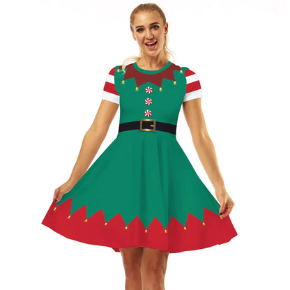 Women'S Swing Dress Christmas Round Neck Printing Short Sleeve Christmas Pattern Above Knee Party Festival