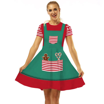 Women'S Swing Dress Christmas Round Neck Printing Short Sleeve Christmas Pattern Above Knee Party Festival