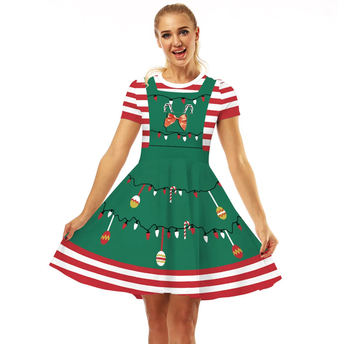 Women'S Swing Dress Christmas Round Neck Printing Short Sleeve Christmas Pattern Above Knee Party Festival