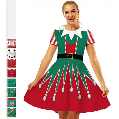 Women'S Swing Dress Christmas Round Neck Printing Short Sleeve Christmas Pattern Above Knee Party Festival