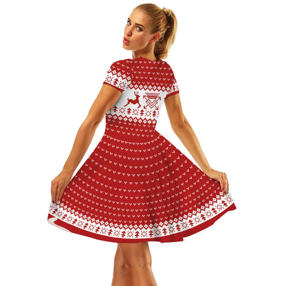 Women'S Swing Dress Christmas Round Neck Printing Short Sleeve Christmas Pattern Above Knee Party Festival