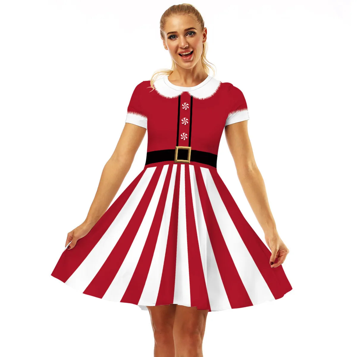 Women'S Swing Dress Christmas Round Neck Printing Short Sleeve Christmas Pattern Above Knee Party Festival