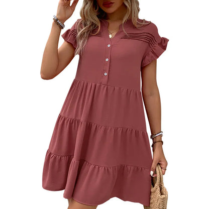 Women'S Swing Dress Elegant Streetwear V Neck Ruffles Short Sleeve Solid Color Above Knee Holiday Daily