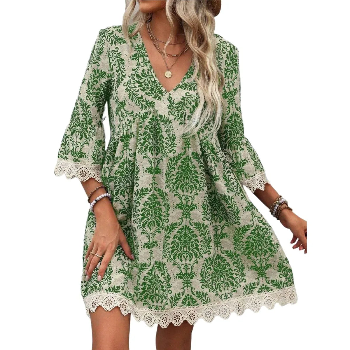 Women'S T Shirt Dress Casual Elegant V Neck Lace 3/4 Length Sleeve Plant Above Knee Daily