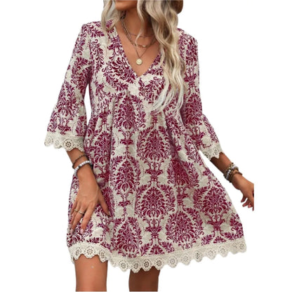 Women'S T Shirt Dress Casual Elegant V Neck Lace 3/4 Length Sleeve Plant Above Knee Daily