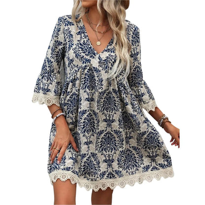 Women'S T Shirt Dress Casual Elegant V Neck Lace 3/4 Length Sleeve Plant Above Knee Daily