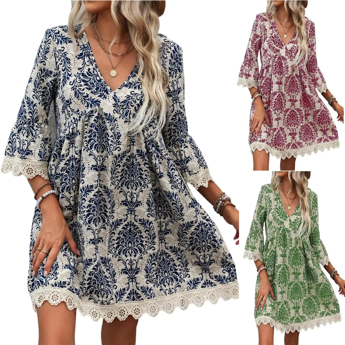 Women'S T Shirt Dress Casual Elegant V Neck Lace 3/4 Length Sleeve Plant Above Knee Daily