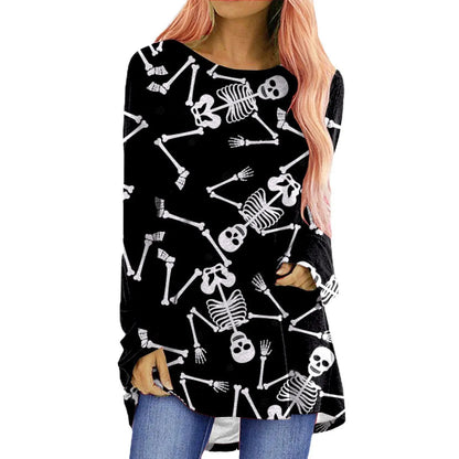 Women'S T-Shirt Long Sleeve T-Shirts Printing Casual Pumpkin Skeleton Skull