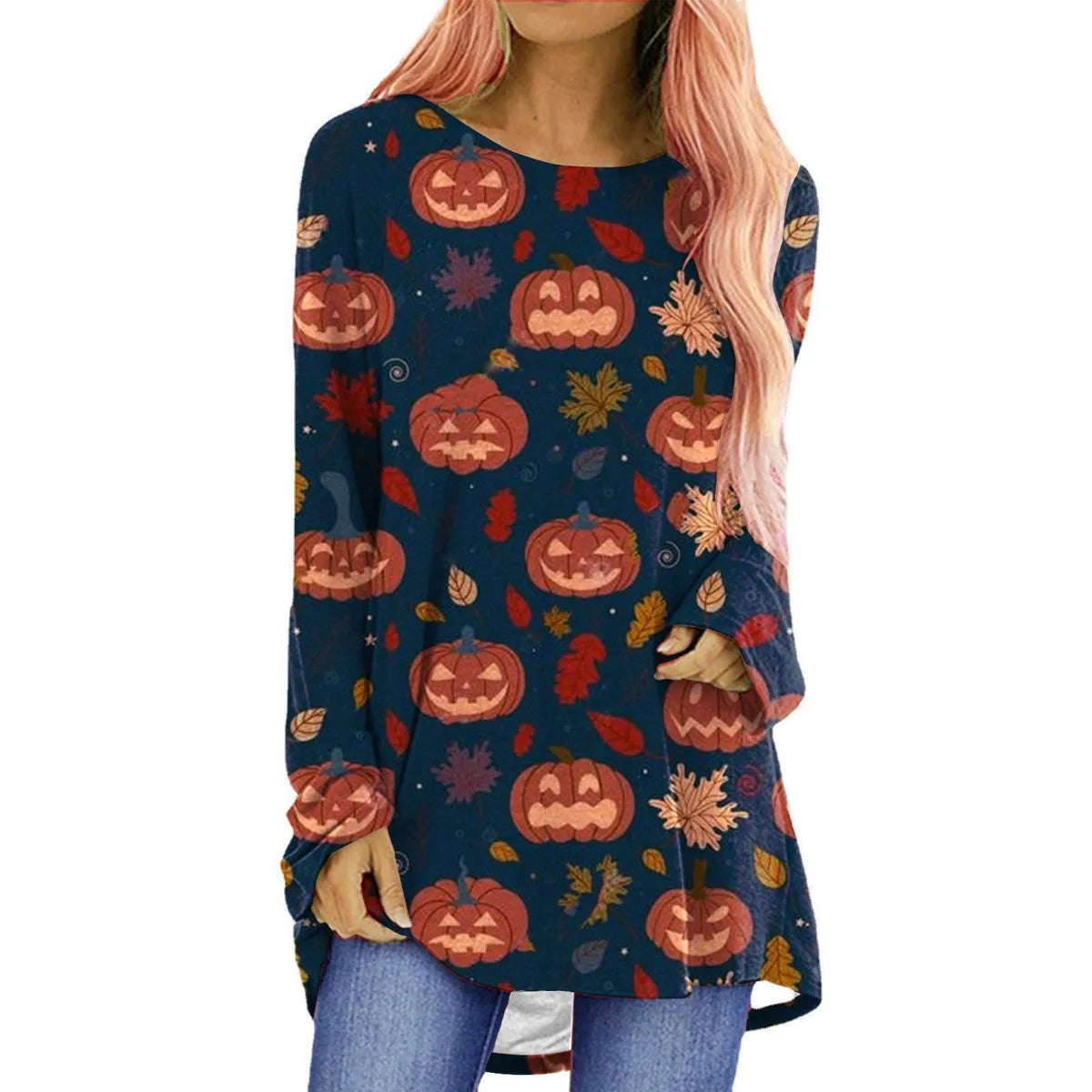 Women'S T-Shirt Long Sleeve T-Shirts Printing Casual Pumpkin Skeleton Skull