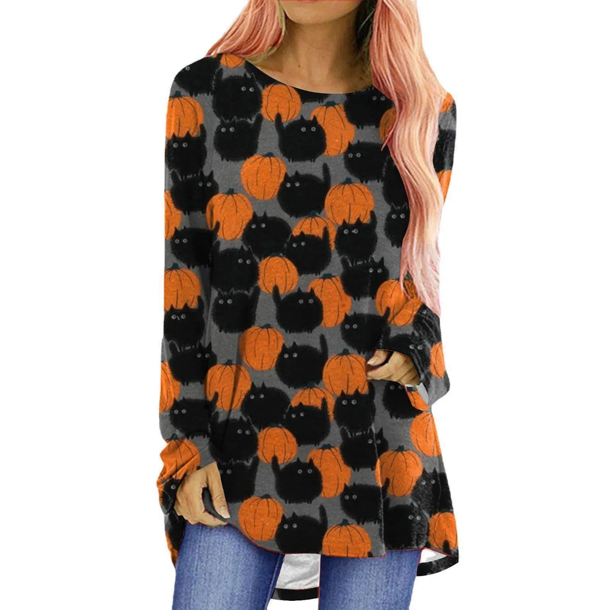 Women'S T-Shirt Long Sleeve T-Shirts Printing Casual Pumpkin Skeleton Skull