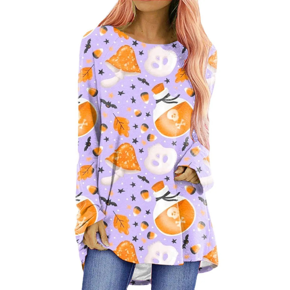 Women'S T-Shirt Long Sleeve T-Shirts Printing Casual Pumpkin Skeleton Skull