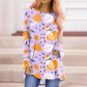 Women'S T-Shirt Long Sleeve T-Shirts Printing Casual Pumpkin Skeleton Skull