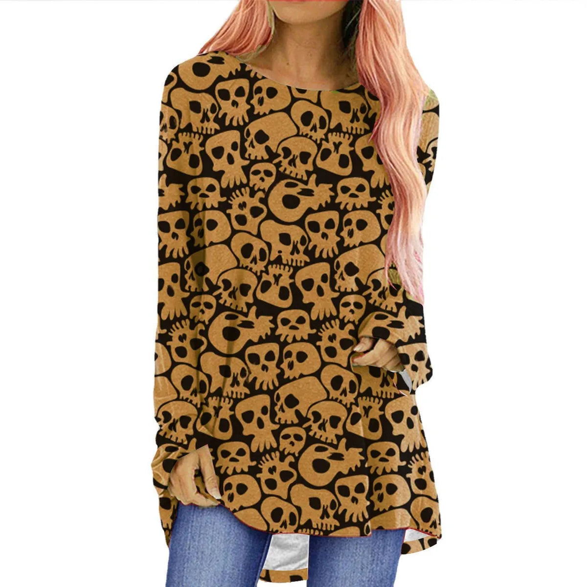 Women'S T-Shirt Long Sleeve T-Shirts Printing Casual Pumpkin Skeleton Skull