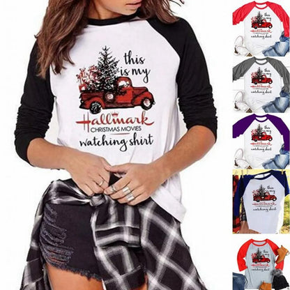 Women'S T-Shirt Long Sleeve T-Shirts Printing Christmas Christmas Tree Letter Car