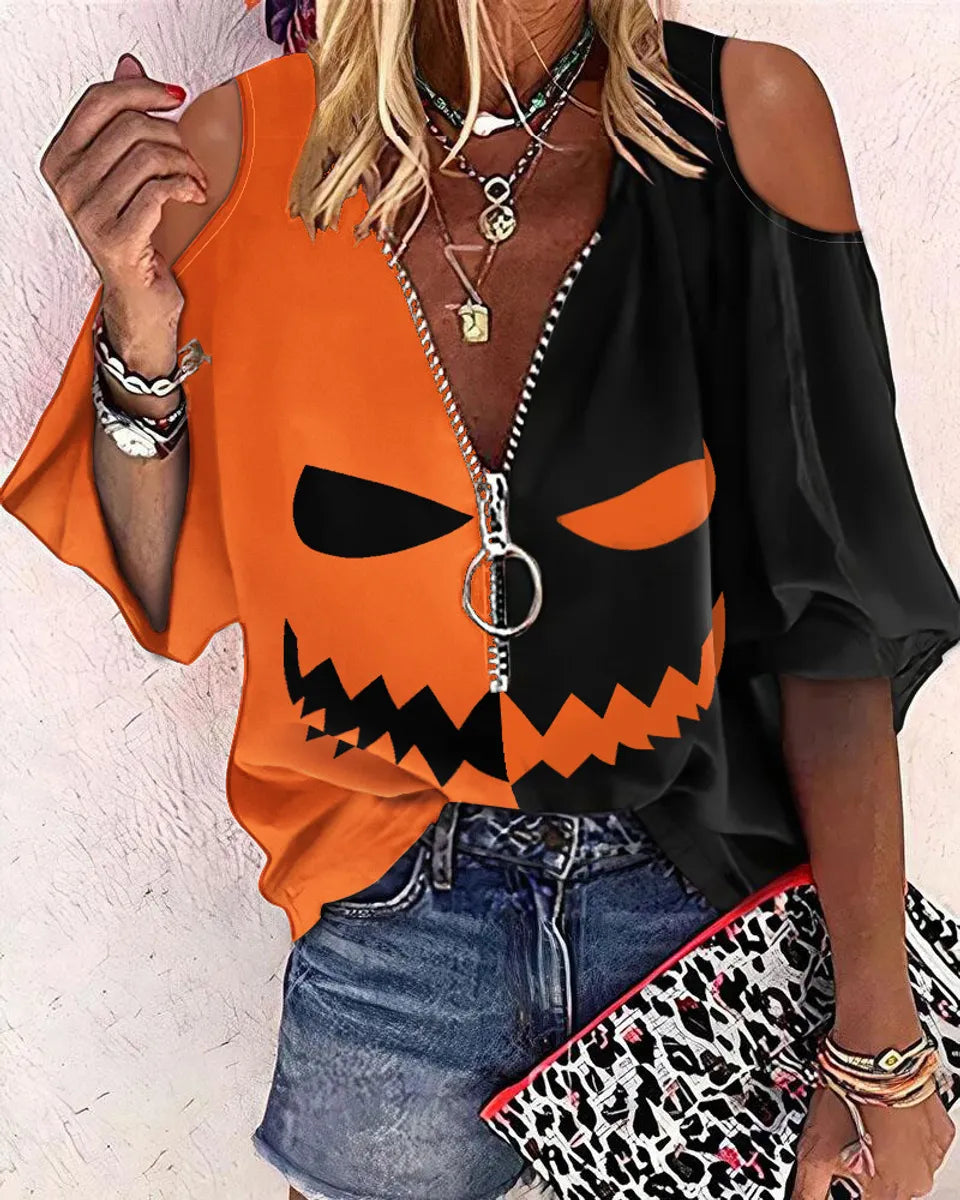 Women'S T-Shirt Long Sleeve T-Shirts Printing Zipper Casual Color Block  Face