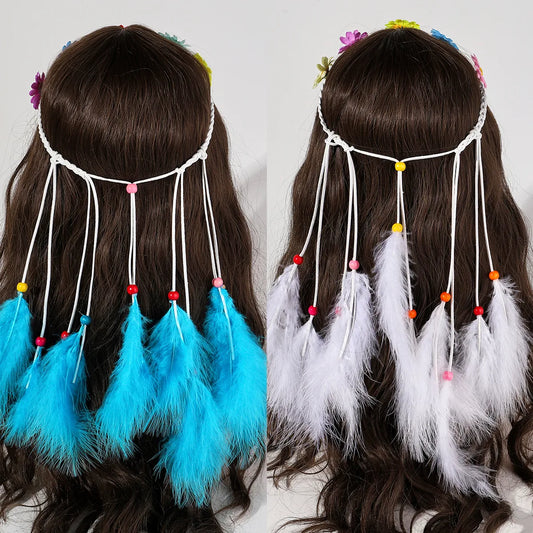 Women'S Vacation Bohemian Pastoral Feather Flower Artificial Feather Rope Hair Band