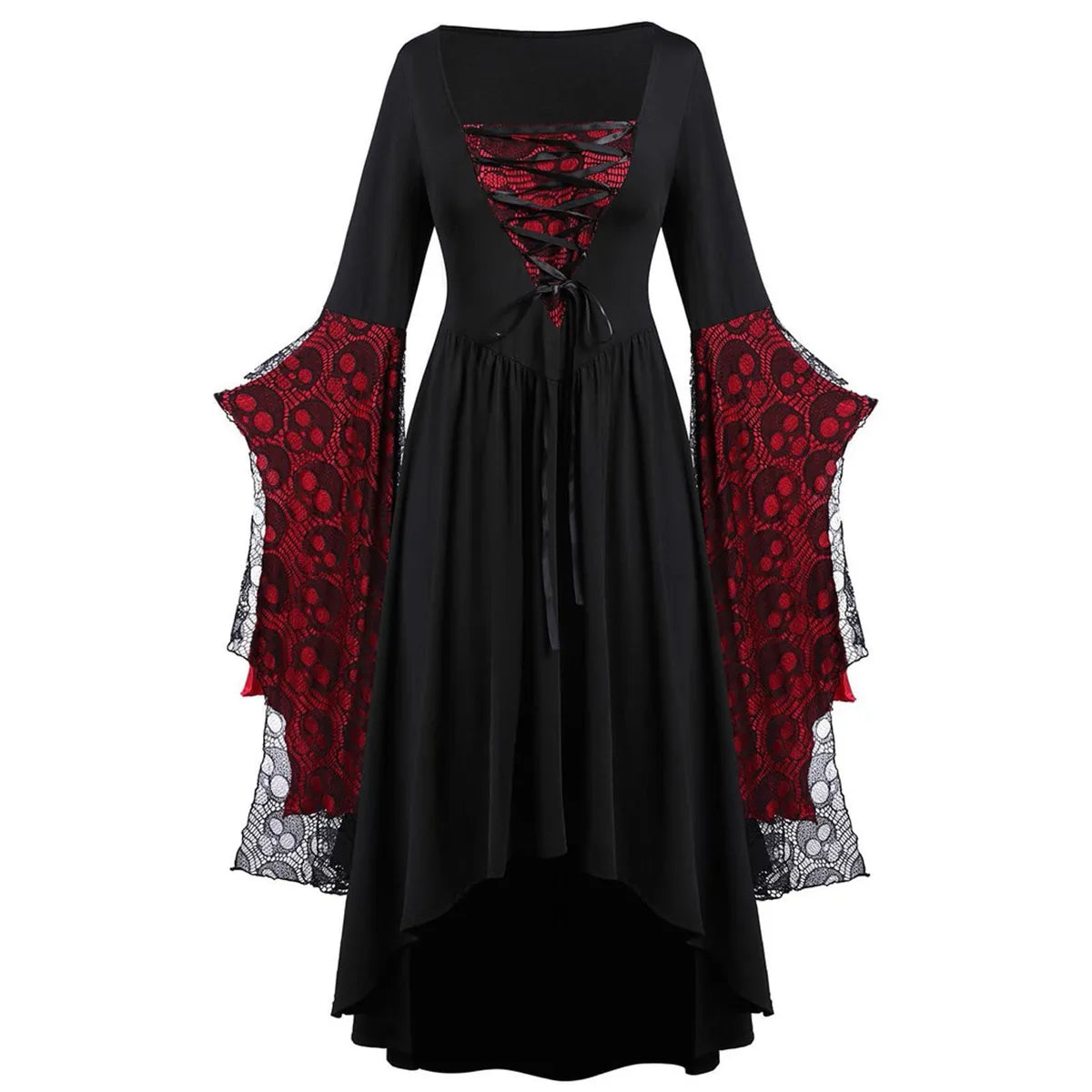 Women'S Ball Gown Vintage Style Square Neck Printing Nine Points Sleeve Skull Maxi Long Dress Party Festival