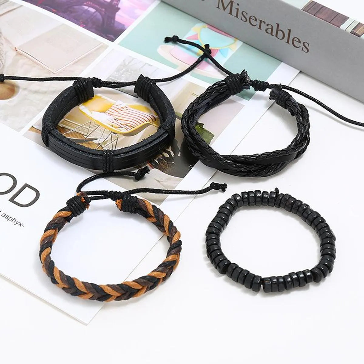 Wooden Beads Suit Bracelet Diy Wax Thread Woven Bracelet Men Leather Jewelry