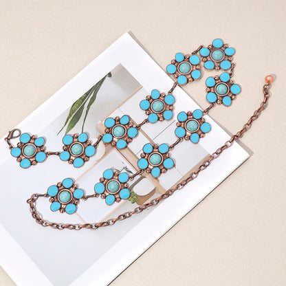 Y2K Ethnic Style Bohemian Petal Zinc Alloy Epoxy Inlay Turquoise Rose Gold Plated Silver Plated Women'S Waist Chain