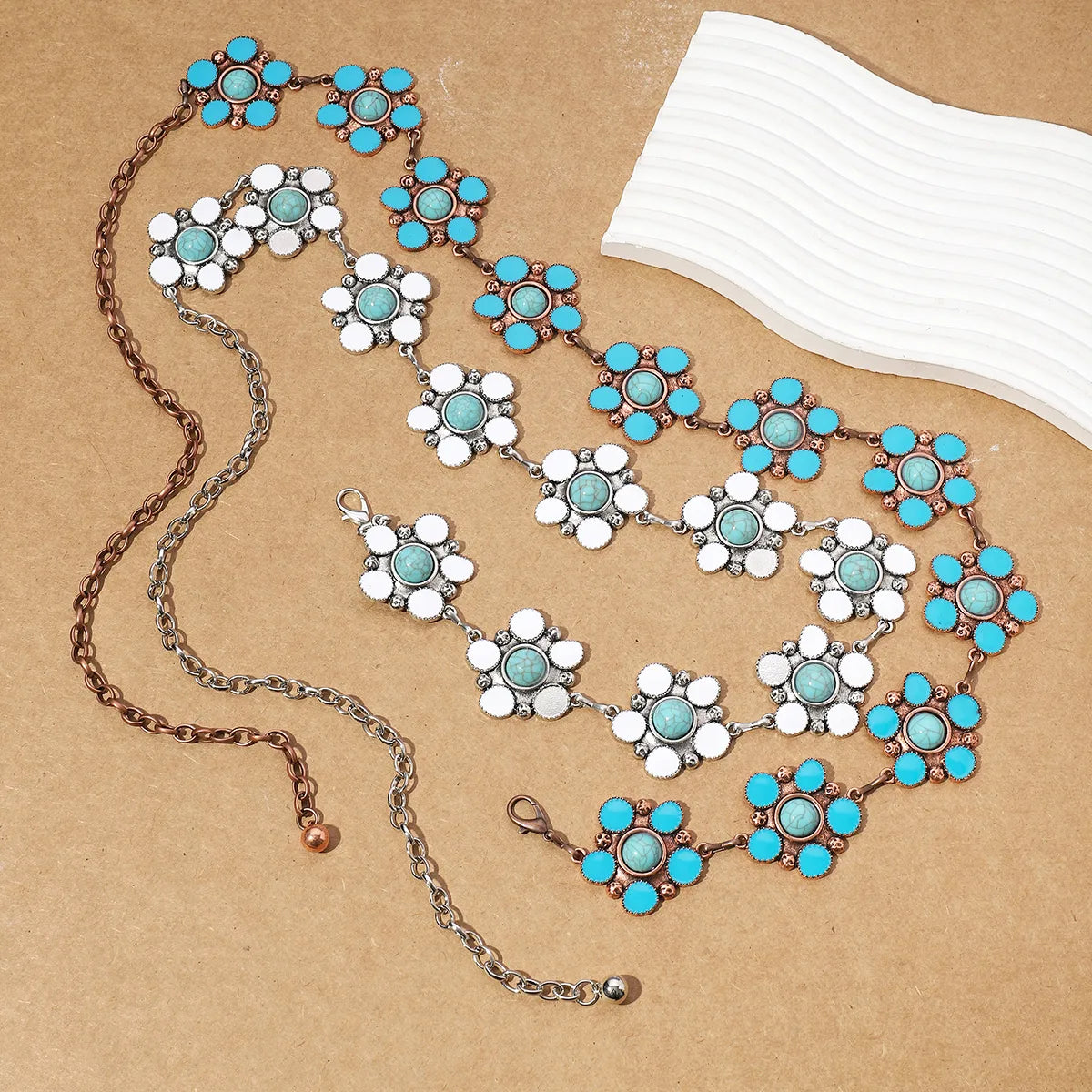 Y2K Ethnic Style Bohemian Petal Zinc Alloy Epoxy Inlay Turquoise Rose Gold Plated Silver Plated Women'S Waist Chain