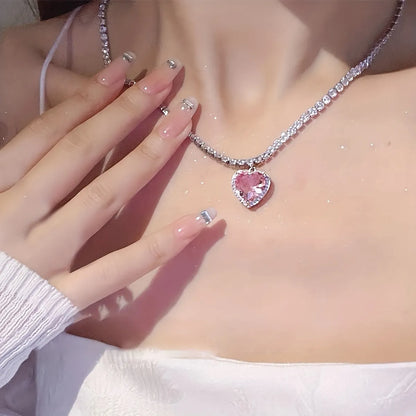 Y2k Shiny Heart Shape Stainless Steel Plating Inlay Rhinestones Zircon Silver Plated Pendant Necklace