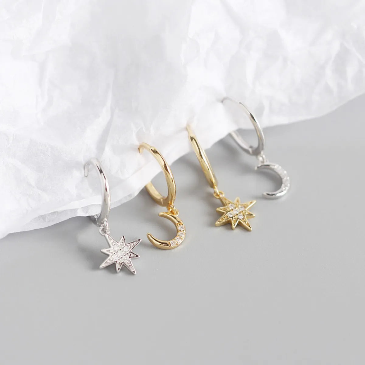 Yhe0233 European And American Entry Lux S925 Sterling Silver Geometric Star Moon Diamond All-match Earrings Ear Clip Silver Earrings Women